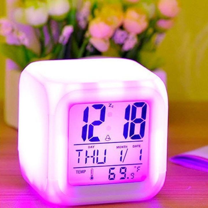 เครื่องวัดอุณหภูมิในนาฬิกาปลุกมีไฟนาฬิกาอิเล็กทรอนิกส์เปลี่ยนสีได้7-led-เปลี่ยนสีสำหรับห้องนอนเด็ก