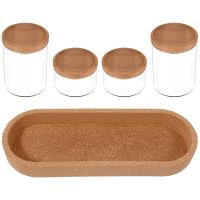 【LZ】▦❖ﺴ  Frascos De Armazenamento De Vidro Com Tampa De Madeira Vasilhas De Comida De Vidro Empilhável com Bandeja Conjunto De Especiarias De Selo Hermético 4Pcs