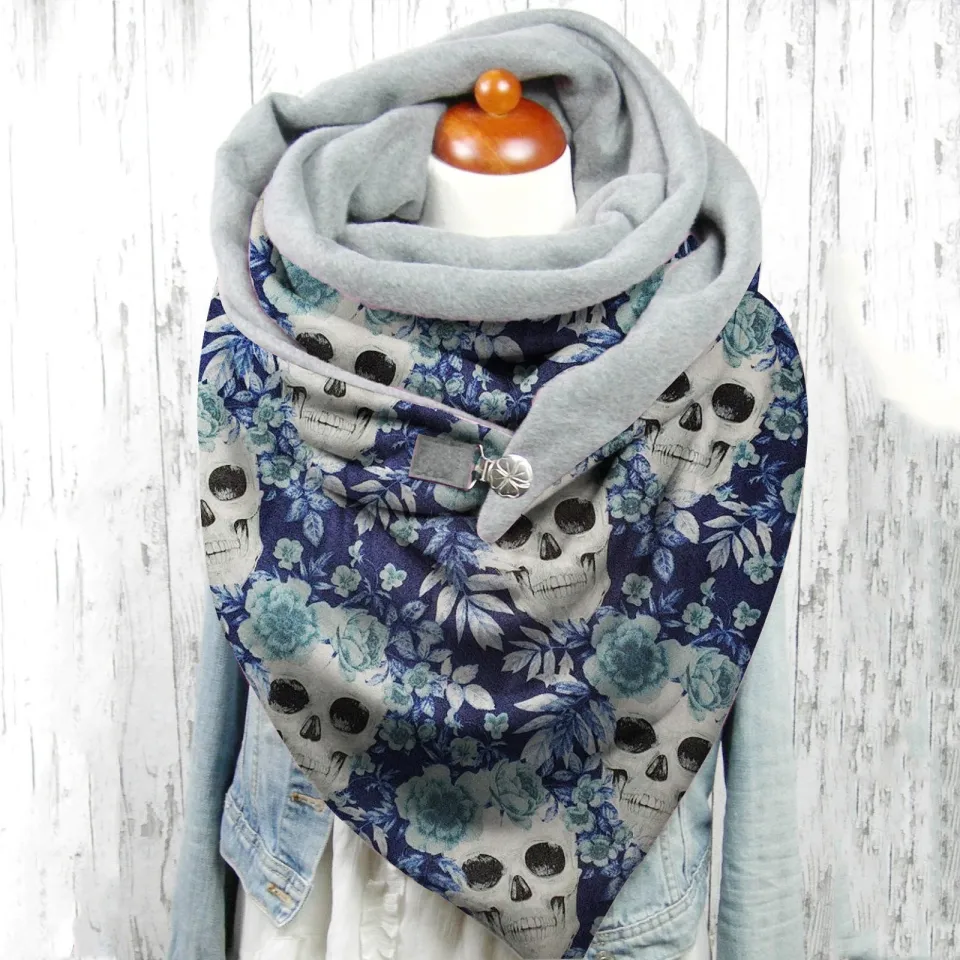 Womens Halloween Scarf Winter Print Button Soft Wrap Casual Warm