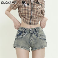 DUOHANZI Studded อเมริกัน Celana Pendek Denim ยืดเอวต่ำ