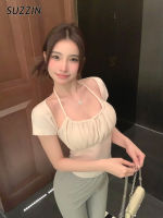 SUZZIN เสื้อยืดสั้นแขนสั้นคอเหลี่ยมสำหรับผู้หญิงสวยและเซ็กซี่