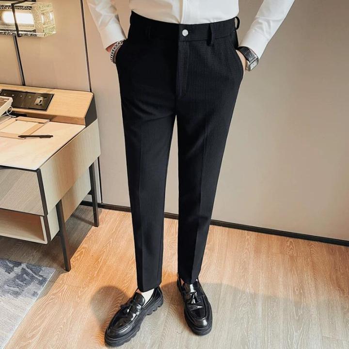 ผู้ชายวาฟเฟิลกางเกงลำลองแฟชั่นเกาหลียืดเอวธุรกิจอย่างเป็นทางการกางเกงบุรุษสังคมพรรคสูทกางเกง-streetwear-ดินสอ-pant