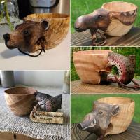 Portable Wood Coffee Mug Hand Carved Animal Head Cup Wooden Tea Milk Cups Water Drinking Mugs Drinkware