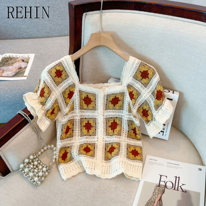 rehin-เสื้อคาร์ดิแกนผู้หญิงตัวสั้นปักลายดอกไม้-เสื้อสไตล์เกาหลีสำหรับฤดูร้อน