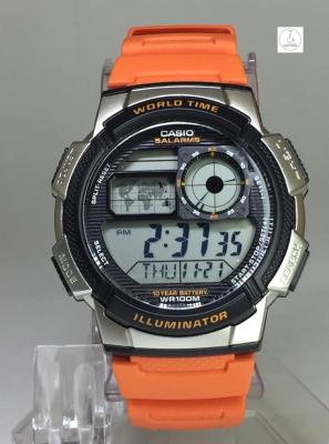 นาฬิกาข้อมือผู้ชาย  Casio รุ่น AE-1000W-4BVDF ตัวเรือนสีเงินสายเรซิ่นสีส้ม  หน้าจอระบบดิจิตอล ของแท้ 100% CafeNalika