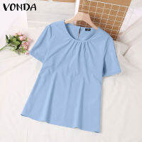 VONDA ผู้หญิง Elegant Commute Solid จีบเสื้อวินเทจ O คอพัฟแขน Pullover (เกาหลี Causal) #2