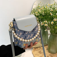 【cw】 Fashion Printed Bags Women 2022 Spring and Summer New Crossbody Bag Internet Celebrity Same Style Pearl Chain Portable Small Square Bag for Women