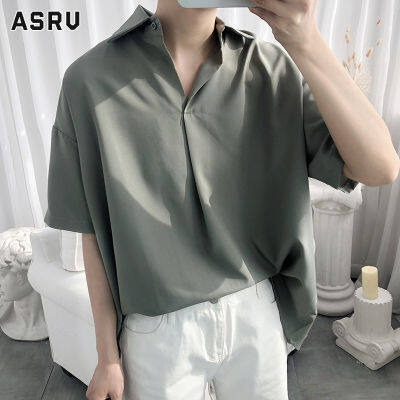 ASRV เสื้อเชิ้ตชาย เสื้อเชิ้ตผู้ชาย เสื้อเชิ้ตลำลองชาย shirts for men เชิ้ตผู้ชาย เสื้อเชิ้ตธุรกิจแขนสั้นลำลองคอตั้งเสื้อยืดผ้าสแปนเด็กซ์สูงทรงหลวมของผู้ชาย