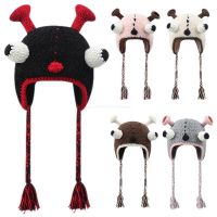 【ของเล่นตุ๊กตา】 Knit Earflap Beanie Cute Funny Beanie Plush Hat With Ears Kid Funny Earflap Hat Little Devil Hat Big Eye Beanie Dropship