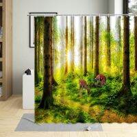 Spring Forest Landscape Shower Curtain 3D Natural Scenery Deer Flower Grass Parrot Bathroom Decorative Cloth With Hook Washable