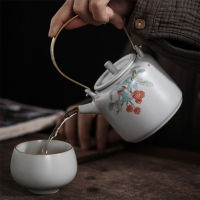 2021 Chinese Ru Kiln Teapot Ceramic Retro Handle Pot Household Copper Handle Tea Maker Tea Kettle Hand-painted Kung Fu Tea Set