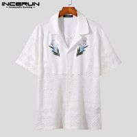Medussa INCERUN Mens Lace Floral Shirt Short Sleeve See Through Blouse Button Up Casual Tee Top (Western Style)