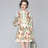 2021 Runway Design Women 2 piece set Spring Flowers Embroidery Stand Collar Shirt + High Waist Pleated Mini Skirts Suit Female