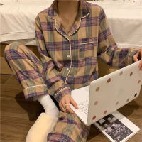 Womens Japanese Grid Pajamas Set Turn-down Collar Pyjamas Long Sleeves Suit Soft Female Sleepwear Autumn Homewear Home Services