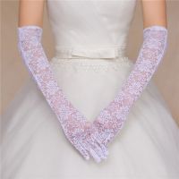 ▪● Womens Floral Lace White Long Gloves Full Fingered Elbow Length See Through Solid Color Bridal Wedding Mittens Vintage Crocheted