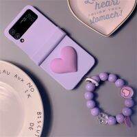 เคสหัวใจรักขนาดใหญ่3D สีม่วงเกาหลีพร้อมสายรัดข้อมือแหวนลูกปัดสำหรับ Samsung Galaxy Z Z Flip 5 4 3 5กรัม Flip5 Zflip3 Zflip4บานพับผิวผิวด้านป้องกันทุกสัดส่วนฝาครอบกันกระแทก