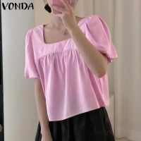 VONDA เสื้อลำลองสตรีคอเหลี่ยมแขนสั้นพัฟแขนเสื้อทึบ (สาเหตุเกาหลี)