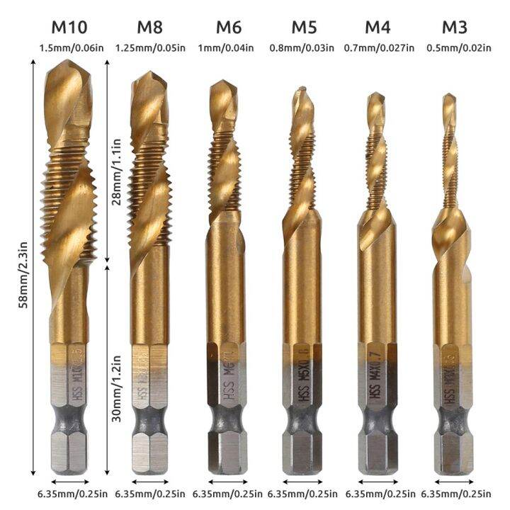 worth-buy-ดอกต๊าป-m3-m10-6ชิ้น-ล็อตดอกสว่านก้านหกเหลี่ยมขนาด1-4นิ้วดอกสว่านเจาะ-hss-เคลือบไทเทเนียมสกรูเกลียวดอกสว่านเครื่องมือเคาะ