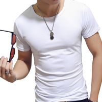 Men Summer O Neck Casual T Shirt Collar White Plain Men t-shirts Short Sleeve Undershirt Slim Fit Mens Tops