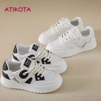 Atikota รองเท้าผ้าใบ ลําลอง พื้นหนา สีขาว ใส่สบาย สไตล์เกาหลี สําหรับสตรี นักเรียน เล่นกีฬา