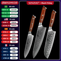 XINZUO 1PCS or 3PCS Kitchen Sets Japanese Forged Damascus Steel Chef Santoku Stainless Steel Rosewood Handle