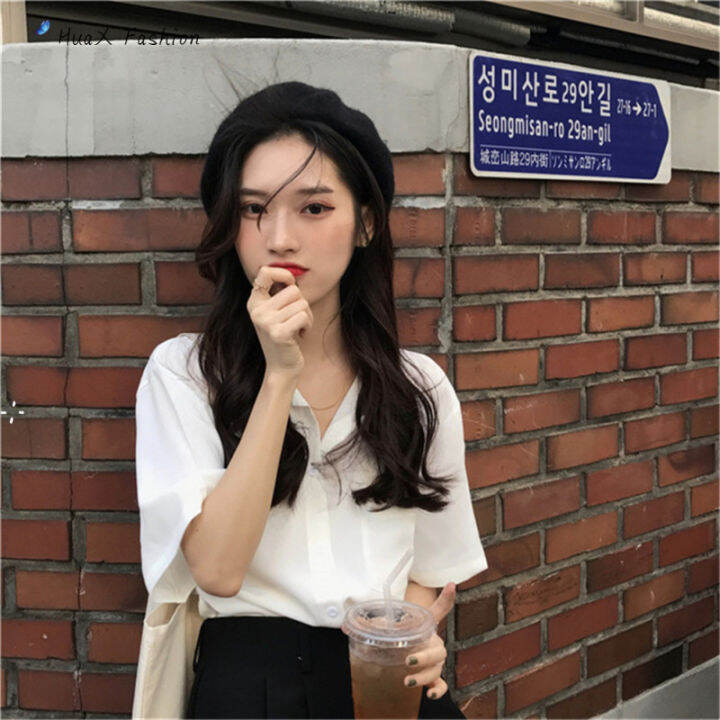 huax-เสื้อผู้หญิง-retro-lapel-lady-plain-ชีฟองแขนสั้นเสื้อ