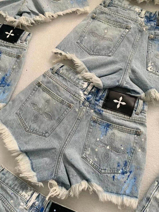 Embroidered Splashed Ink High Waist Flower Handpainted Ripped Denim