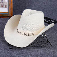 Outdoor Warp Knitting Satin File Letter Embroidery Straw Western Cowboy Straw Hat Men Summer Sunshade Travel Dome Jazz Cap h43