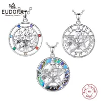 EUDORA 925 Sterling Silver Pentagram Necklace For Women Man Amulet 7 Color Chakra Guardian Star Tetragrammaton Pendant Jewelry