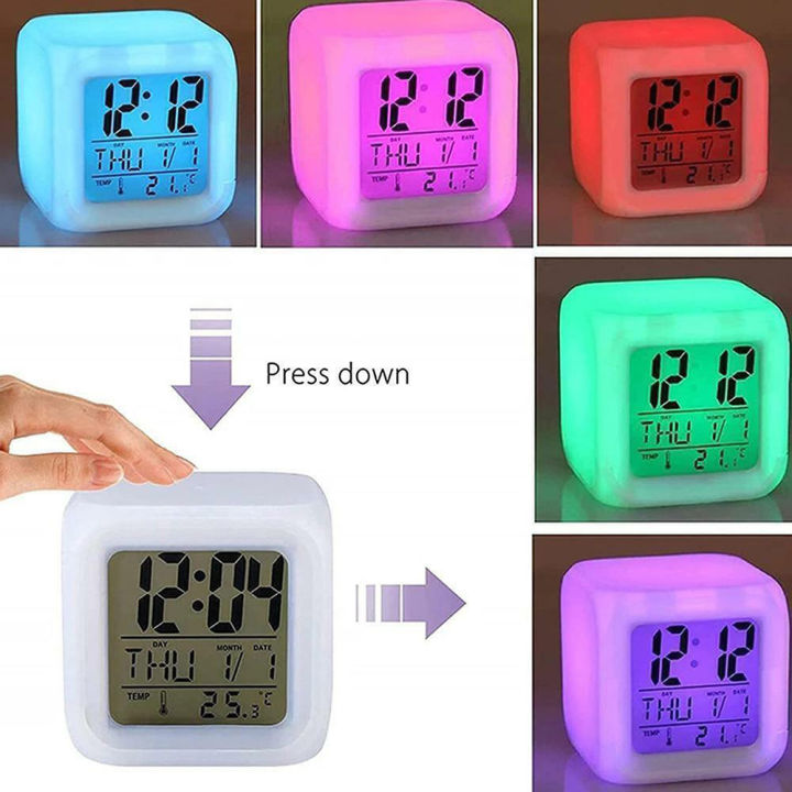 ลูกบาศก์กลางคืนเรืองแสงเครื่องวัดอุณหภูมิแบบมีสัญญาณเตือนดิจิตอล-led-7นาฬิกาสี-จอ-lcd-เปลี่ยนสำหรับห้องนอนเด็ก