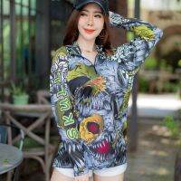 เสื้อตกปลา JK THAILAND ลาย SKULL สีเขียว ป้องกันรังสี UV 80-90% สีไม่ตก แห้งเร็ว