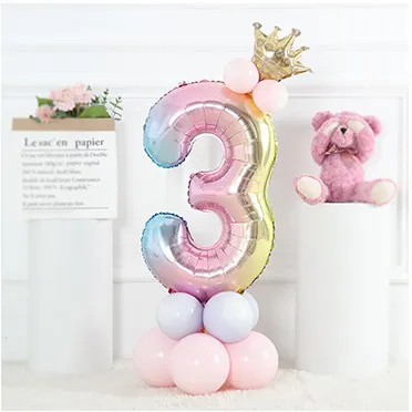 17Pcs Number Balloons Set Rainbow Foil Balloons Crown Balloon Stand Wedding Decoration  Birthday Party Supplies Lettering Name Backdrop Souvenir Christening Baby  Girl Happy Birthday Wall Background New Year Anniversary Balloon Home Decor  |