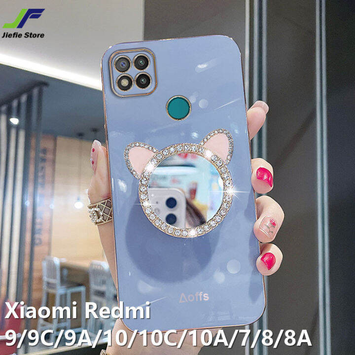 jiefie-เคสน่ารักสำหรับ-xiaomi-redmi-9-9a-9c-10-10a-10c-8-8a-7กระจกแต่งหน้าเคสโทรศัพท์-chrome-glossy-soft-tpu-ฝาครอบโทรศัพท์สแควร์พร้อมขาตั้งโทรศัพท์