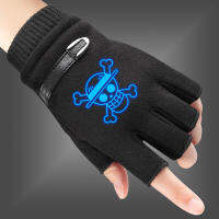 Winter Men Gloves Japanese Anime Pirate Luffy Skull Logo Fluorescent Luminous Fingerless Gloves Warm Knitted Gloves