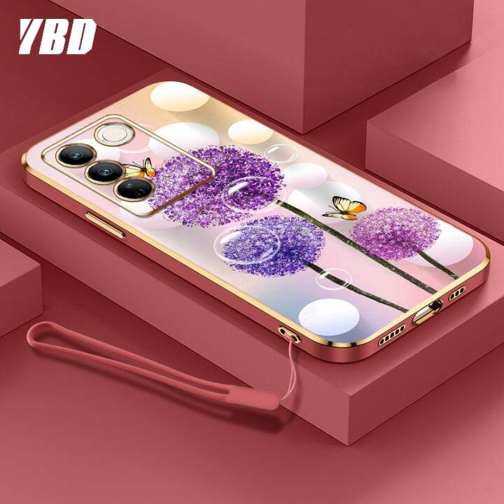 ybdเคสใหม่สำหรับ-vivo-v27e-v27-s16e-s16-s16-pro-v27-pro-เคสโทรศัพท์นิ่มชุบโครเมี่ยมสุดหรูแฟชั่นสีสันสดใสฟรีสายคล้องเคสแบบดอกไม้ผีเสื้อ