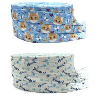 ✎ 10Yard 15mm Animal Cat Fishbone Printed Fold Over Elastic Bands DIY Crafts Strap Bracelet Accessories Party Decoration