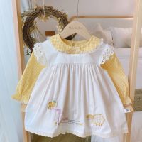 Autumn New Kids Girls Korean Style Plaid Dress+White Lace Dress