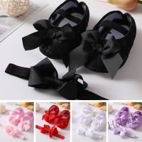 【hot sale】 ✤✑ﺴ C19 Korean Fashion Baby Girl Satin Cloth Bowknot Princess Shoes Toddler Soft Sole Walking Shoes Headband Set For 0-18 Months