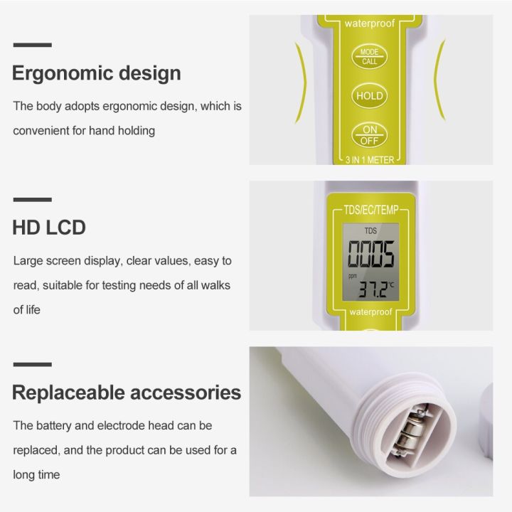 3-in-1-temp-tds-ec-ปากกาควบคุมมัลติฟังก์ชั่นตัวตรวจสอบคุณภาพน้ำเครื่องวัดค่าการนำไฟฟ้าแสดงผลแบบดิจิตอล