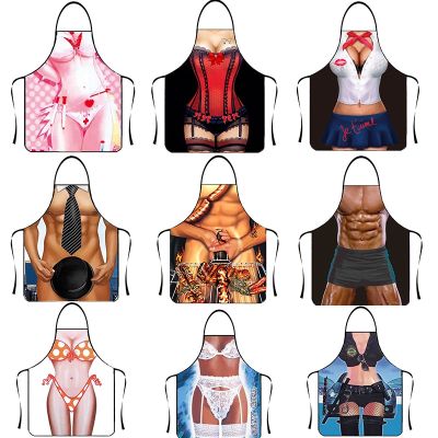 Funny Kitchen Apron Digital Printed Muscle Man Sexy Women Home Cleaning Party Personality Creative Pattern Antifouling Cooking Aprons