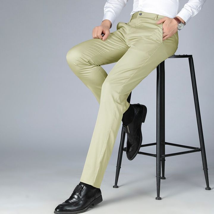 ชุดสูทผ้าเทนเซลสำหรับกางเกงผู้ชายผ้าคอตตอนผ้าลินินเนื้อนุ่มยืดหยุ่นกางเกงหรูชุดลำลองธุรกิจผู้ชาย