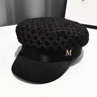 2021 Black White Military Hats Autumn Winter Fashion Mesh Seersucker Patchwork Newsboy Caps with Belt Female Gorras for Women