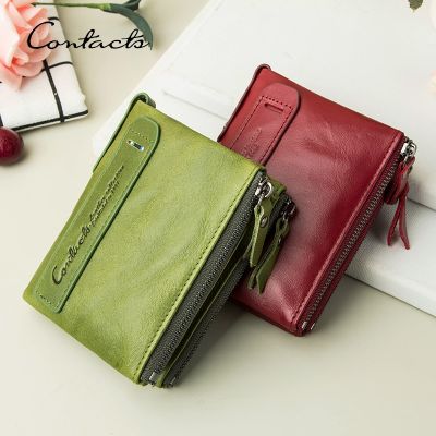 CONTACTS Genuine Leather Wallets for Women Short Bifold Fashion Womens Purses Card Holder Coin Purse Money Clip Womens Wallet