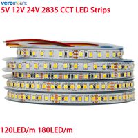 แถบไฟ LED CCT หรี่ไฟได้ SMD 2835 5V 12V 24V DC WW CW 5M สีคู่สายเทปไฟ LED ยืดหยุ่นสีอุณหภูมิปรับได้