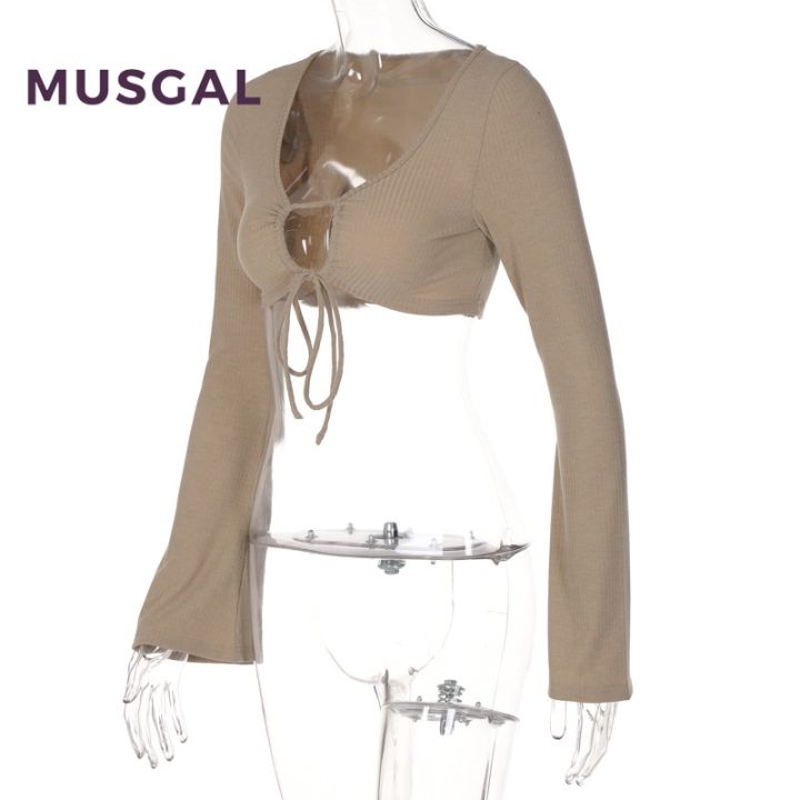 musgal-เสื้อยืดแขนยาว-คอยู-เซ็กซี่-ผูกสะดือ-สําหรับผู้หญิง