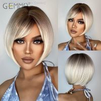 Short Bob Synthetic Wig Platinum Blonde Ombre Straight Wigs with Bangs for Black Women Afro Heat Resistant Cosplay Daily Hair [ Hot sell ] Decoration Center