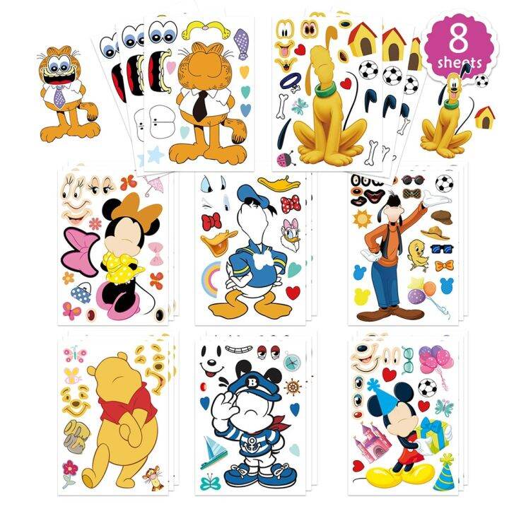 8sheets-disney-cartoon-puzzle-stickers-make-a-face-mickey-donald-duck-cute-children-diy-game-jigsaw-kids-toys-party-decoration