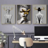 Nordic Antlers Girls Figuars Wall Art,ภาพวาดผ้าใบพิมพ์โปสเตอร์,สีดำสีขาวภาพศิลปะ,เหมาะสำหรับห้องนั่งเล่น Modern Decor