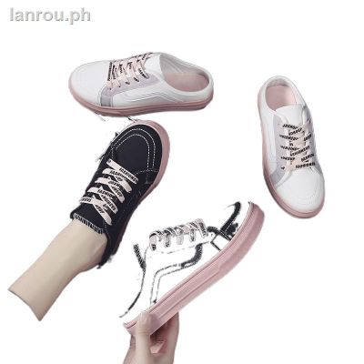 ✠✘ ✚womens flat sneakers korean rubber sole half canvas shoes ladies black white slip-ons