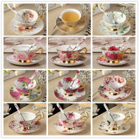 Bone China Coffee Cup and Saucer Set European Luxurious Porcelain Drinkware Household Office Ceramic Flower Tea Mug with Tray